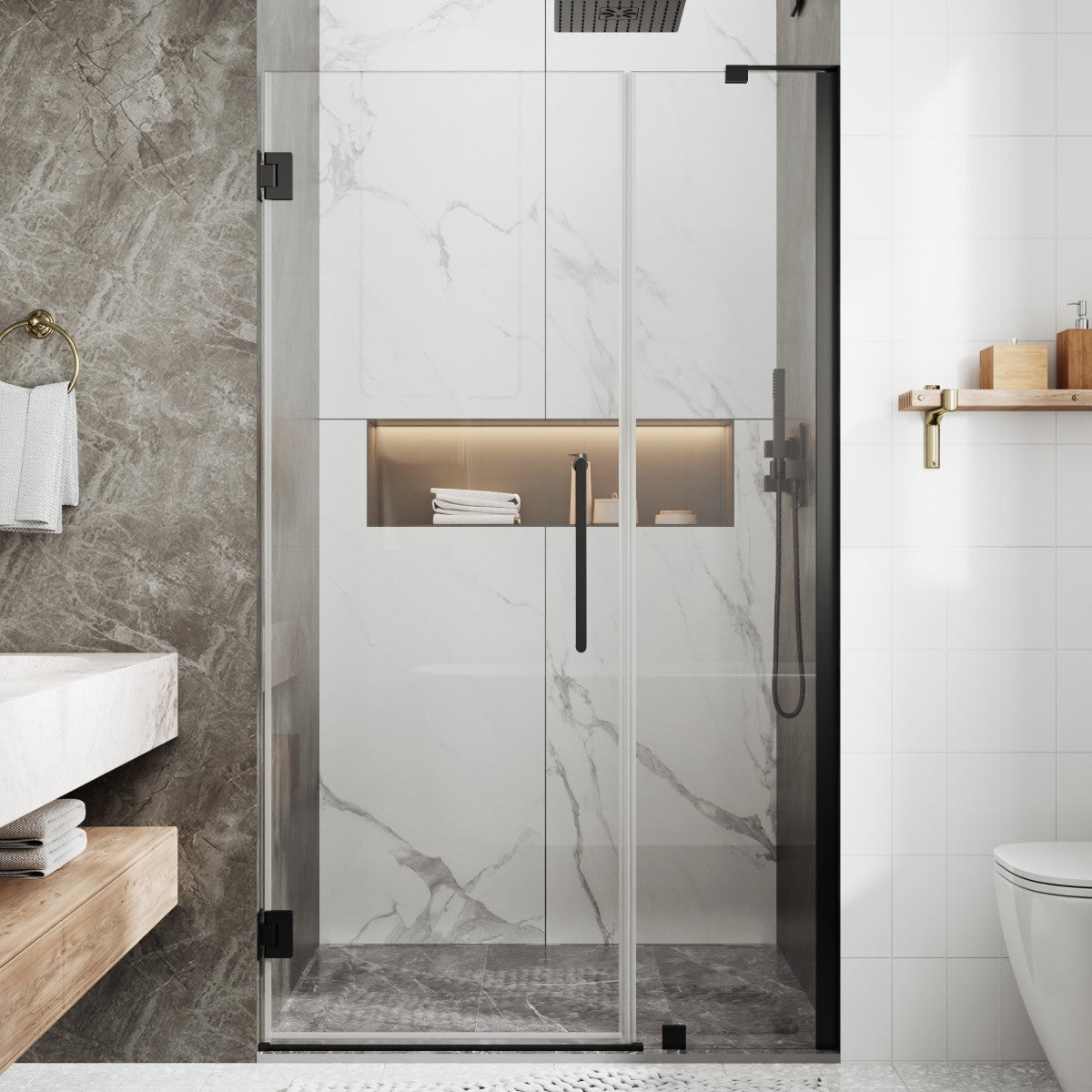 41-42" x 74" Pivot Frameless Shower Door,Matte Black,Easy clean|ExBrite Valor Series