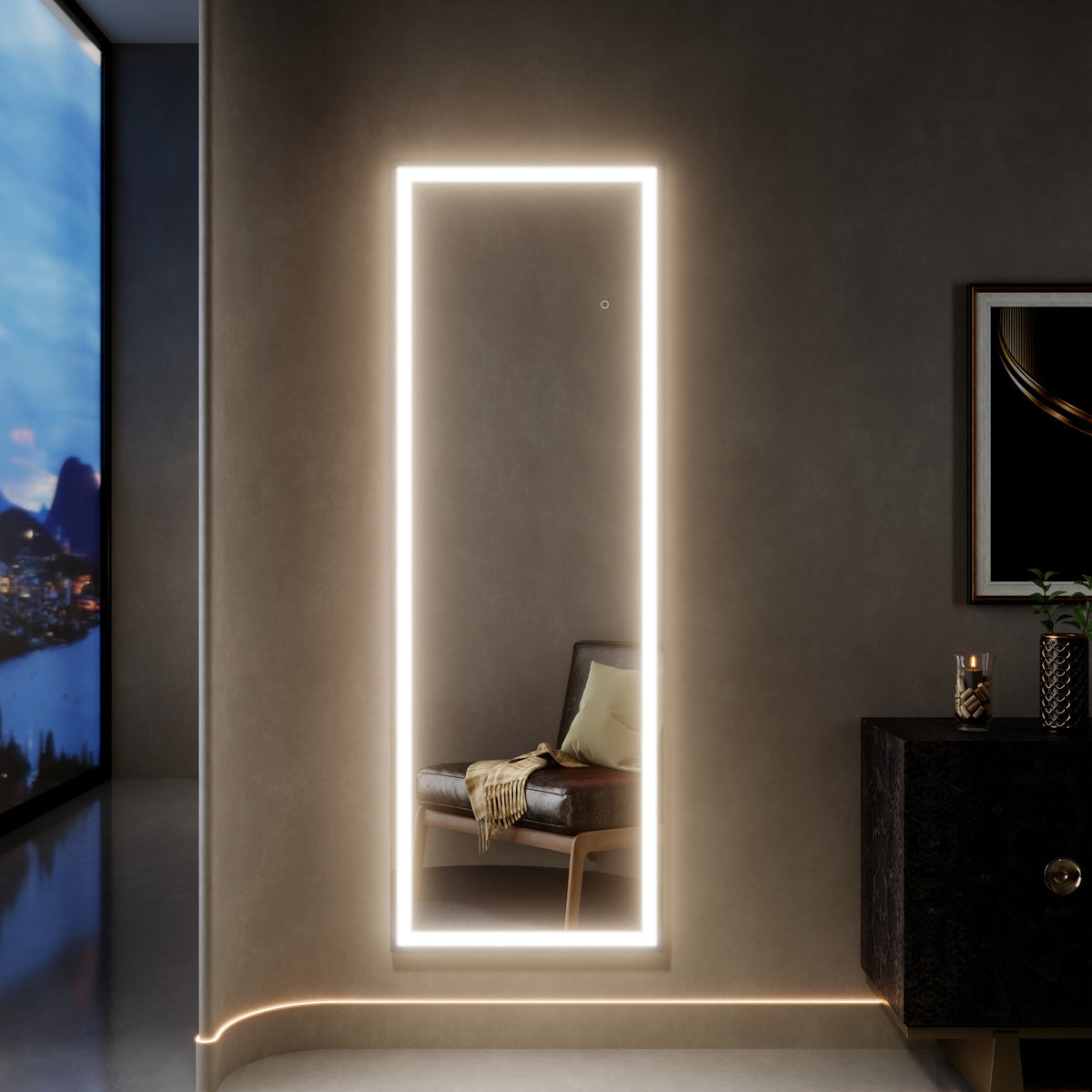 Nivor 64"x21" Dimmable LED Full-Length Floor Framed Mirror with Stand, 3-Color Lights & Wall-Mount Option