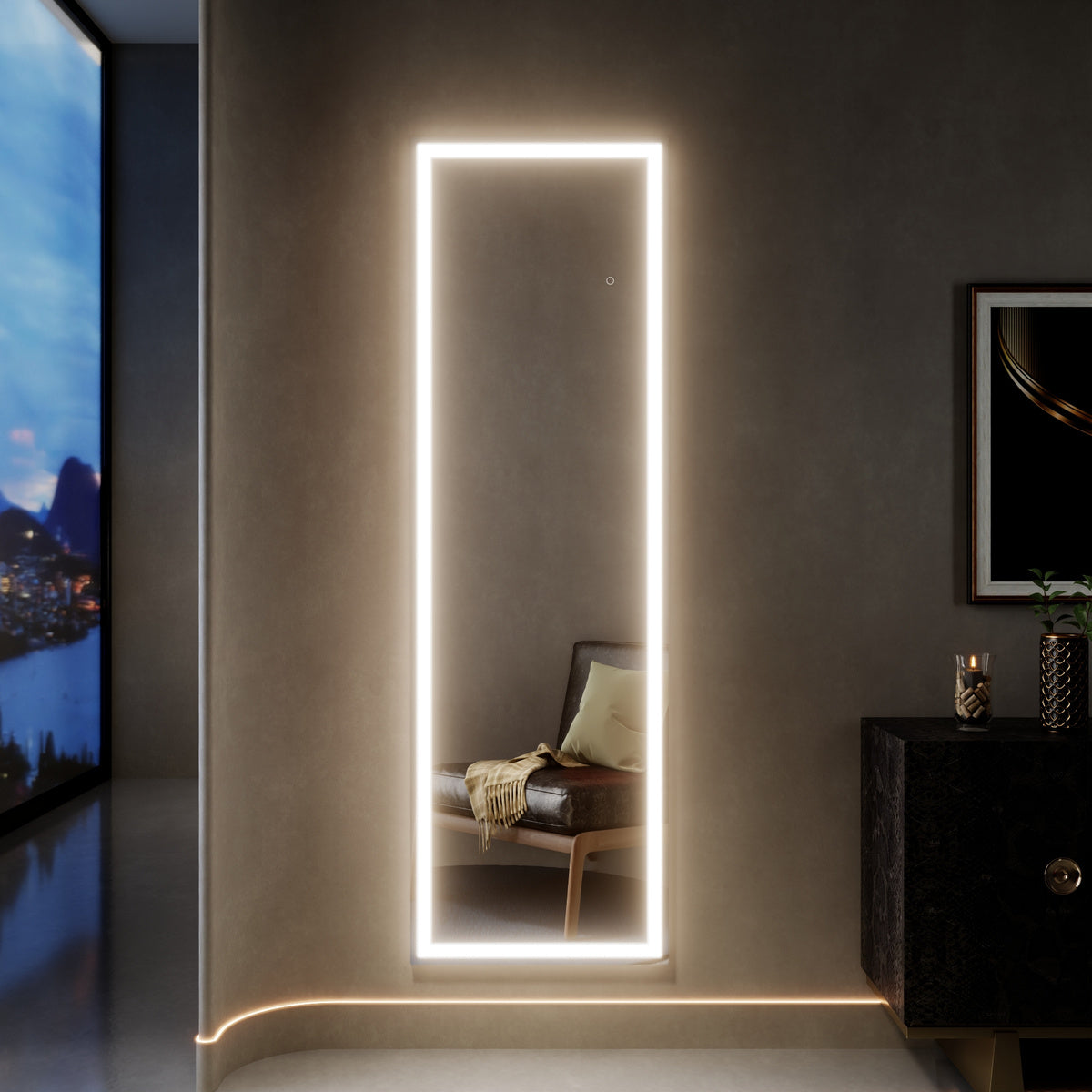 Nivor 67"x20" Dimmable LED Full-Length Floor Framed Mirror with Stand, 3-Color Lights & Wall-Mount Option