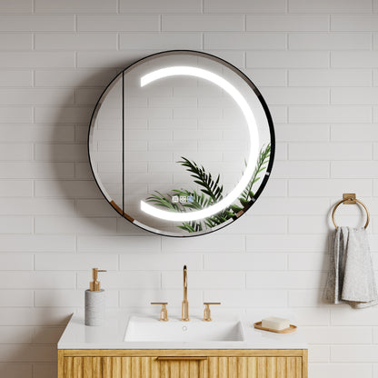 Hola 24" Round LED Medicine Cabinet – Black Frame, Anti-Fog, Dimmable Lighting, Surface Mount - ExBriteUSA