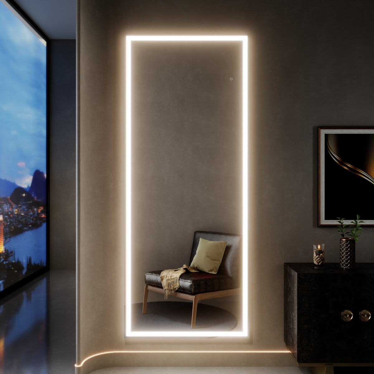 Nivor 80"x32" Dimmable LED Full-Length Floor Framed Mirror with Stand, 3-Color Lights & Wall-Mount Option