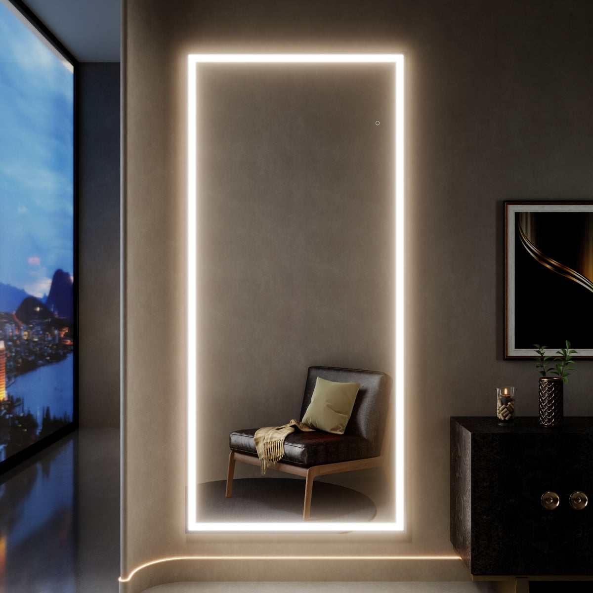 Nivor 80"x36" Dimmable LED Full-Length Floor Framed Mirror with Stand, 3-Color Lights & Wall-Mount Option