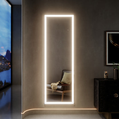 Nivor 67"x22" Dimmable LED Full-Length Floor Framed Mirror with Stand, 3-Color Lights & Wall-Mount Option