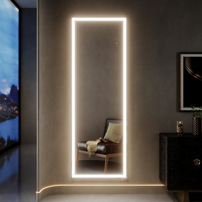 Nivor 71"x24" Dimmable LED Full-Length Floor Framed Mirror with Stand, 3-Color Lights & Wall-Mount Option