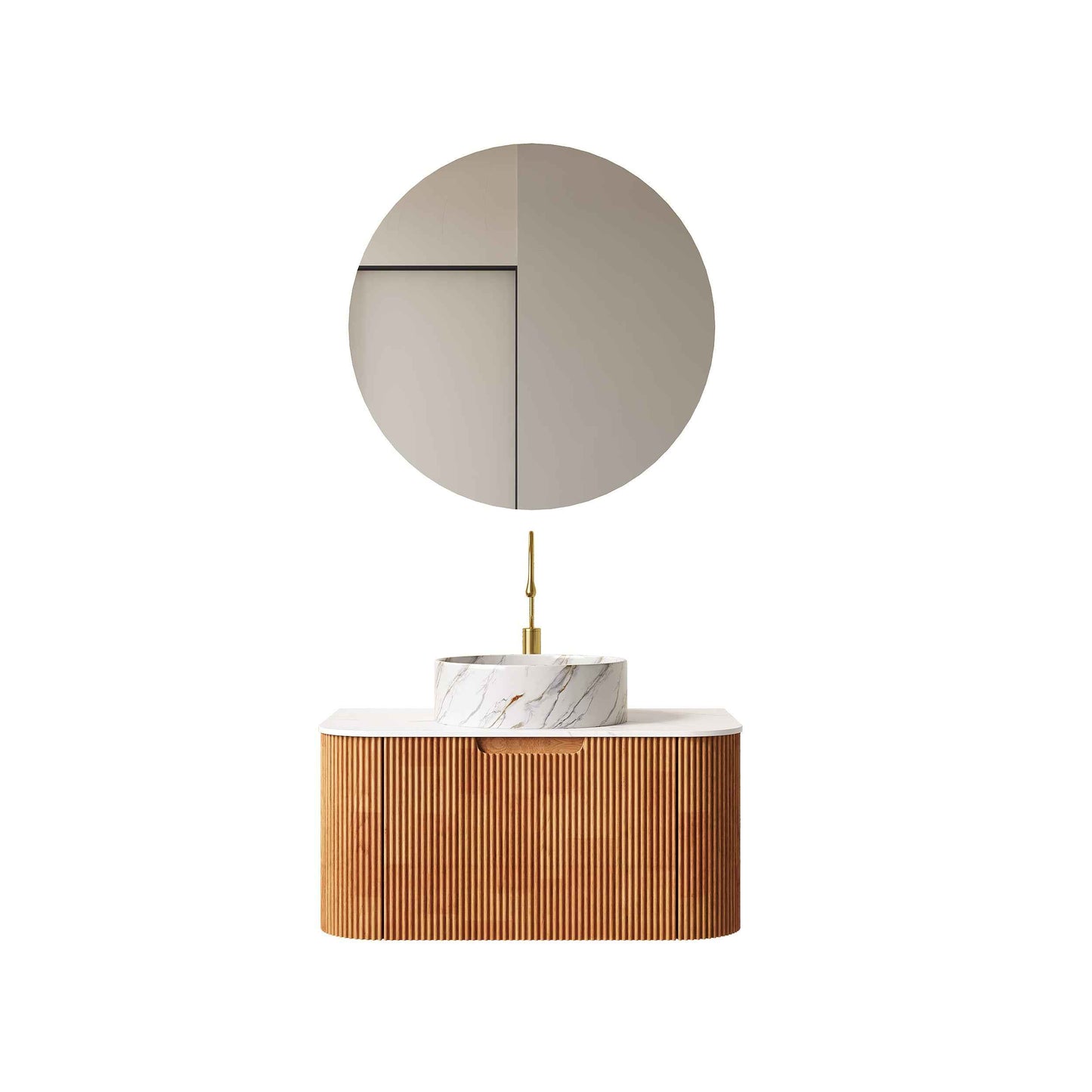 ExBrite DN 30' Bathroom Vanity & Sink, Wall-Mounted Floating Curved Edges Striped Bathroom Storage Cabinet with Drawer, White Round Ceramic Basin with Stone Pattern, Pre-assembled, Natural Woodgrain Color