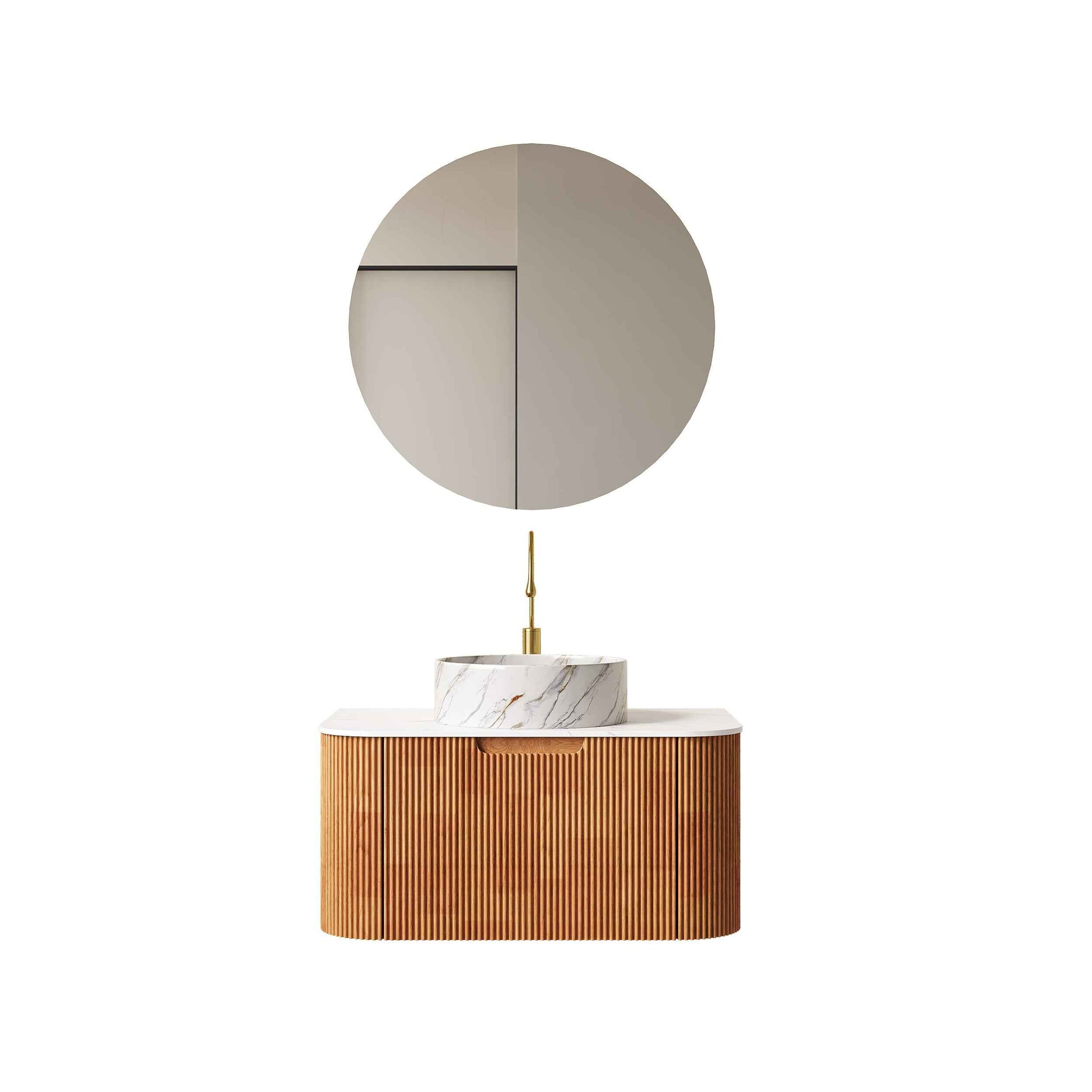 ExBrite DN 30' Bathroom Vanity & Sink, Wall-Mounted Floating Curved Edges Striped Bathroom Storage Cabinet with Drawer, White Round Ceramic Basin with Stone Pattern, Pre-assembled, Natural Woodgrain Color