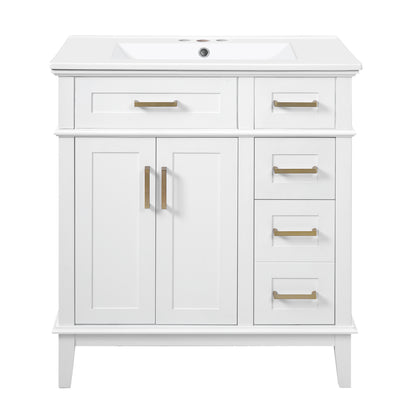 Exbrite 30-Inch White Bathroom Vanity with Ceramic Sink and Two Drawers