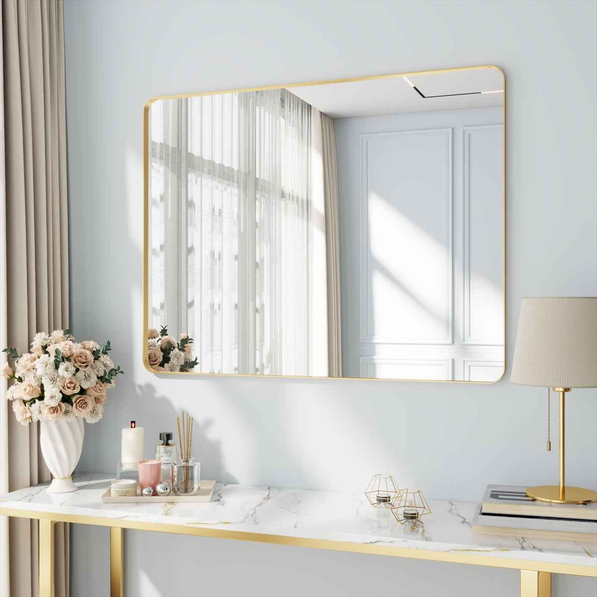 Noir 48" x 36" Gold Framed Rectangular Bathroom Mirror