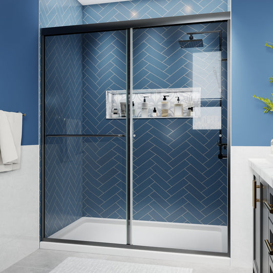 Glide-GR Semi-Frameless Shower Door 56-60 in. W x 70 in. H Bypass Sliding Shower Enclosure,Matte Black,Double Sliding Smoke Gray Glass
