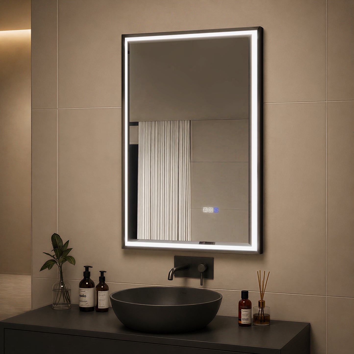 Verloar 22" W x 34" H Dimmable Lighted Bath Mirror with Light, Anti Fog and Matte Black Frame