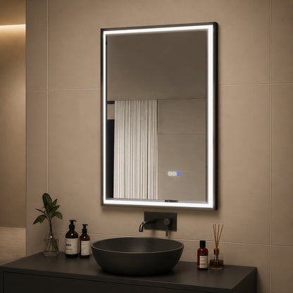 Verloar 22" W x 34" H Dimmable Lighted Bath Mirror with Light, Anti Fog and Matte Black Frame