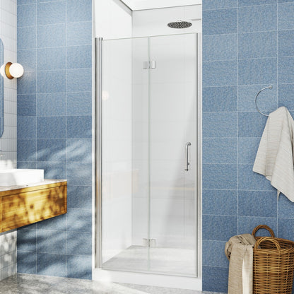 Adapt Allsumhome Bifold Shower Door 32-34 in.W x 72 in.H Pivot Swing Shower Doors,Brushed Nickel,Tempered Glass
