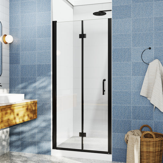 Adapt Allsumhome Bifold Shower Door 32-34 in.W x 72 in.H Pivot Swing Shower Doors,Matte Black,Tempered Shower Glass