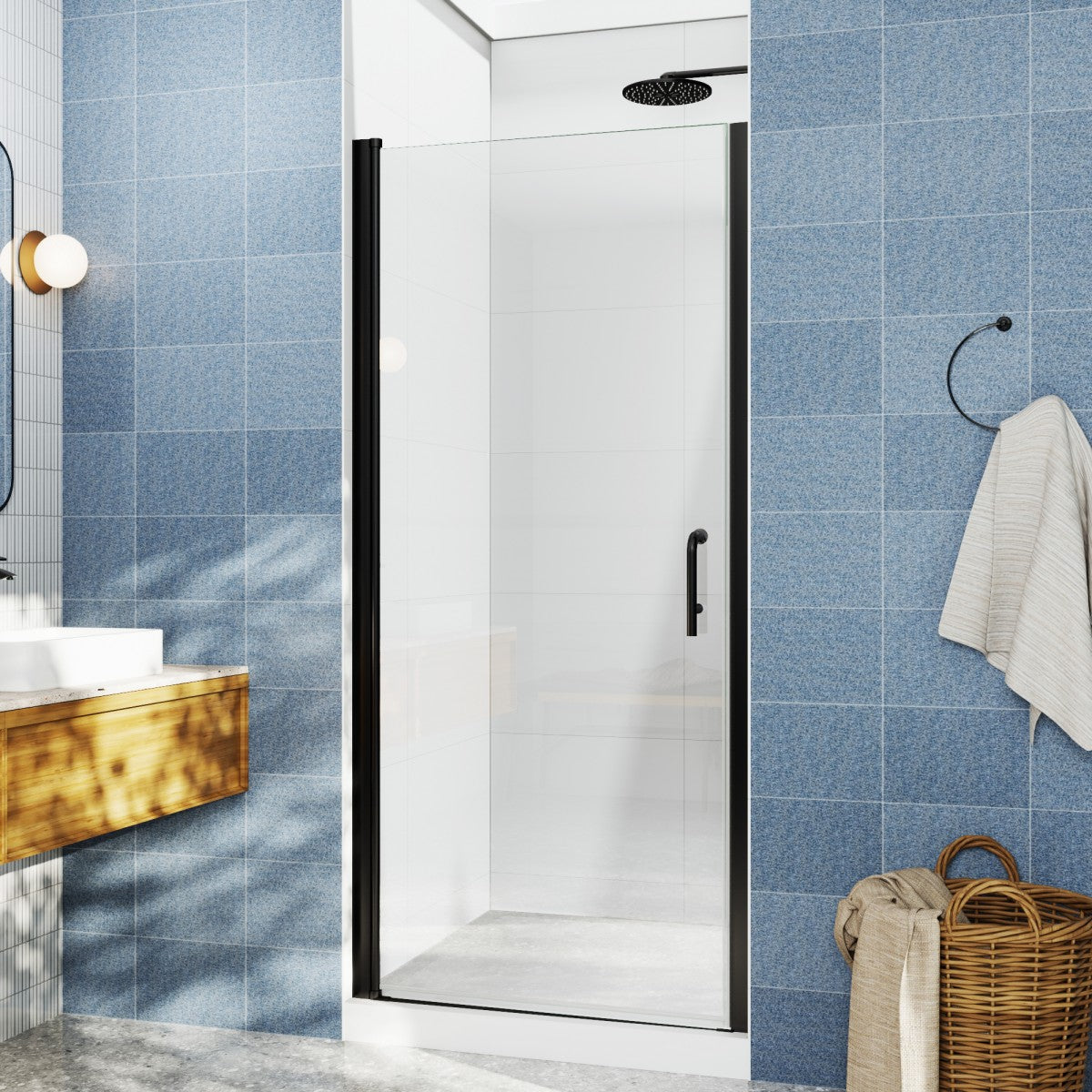 Bathroom with blue tiled walls, shower enclosure, and wooden vanity.