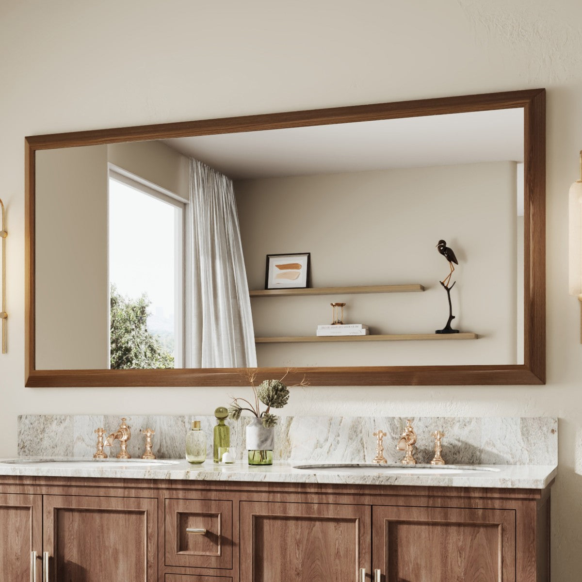 72" x 36" Light Wood Grain Modern, Elegant Rectangular Wall Mirror with Tempered Glass, Shatterproof, Rust-Resistant Dark Wood Grain Aluminum Frame for Bathroom, Living Room & Hallway| Nolhurst