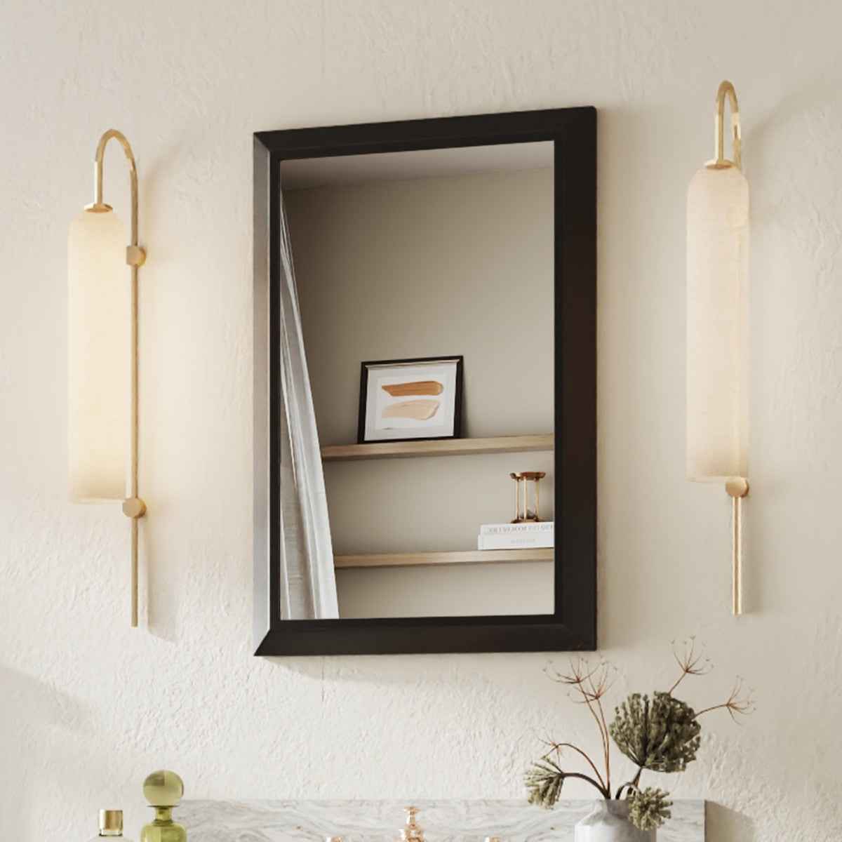 16" x 24" Modern, Elegant Rectangular Wall Mirror with Tempered Glass, Shatterproof, Rust-Resistant Black Frame Aluminum Frame for Bathroom, Living Room & Hallway| Nolhurst