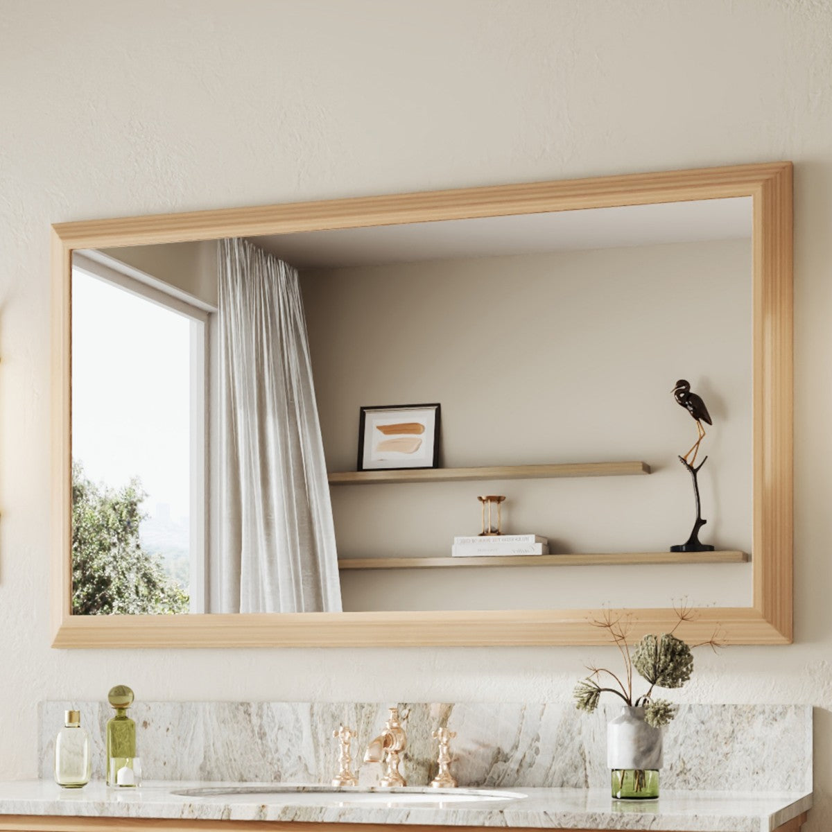 55" x 32" Light Wood Grain Modern, Elegant Rectangular Wall Mirror with Tempered Glass, Shatterproof, Rust-Resistant Light Wood Grain Aluminum Frame for Bathroom, Living Room & Hallway| Nolhurst