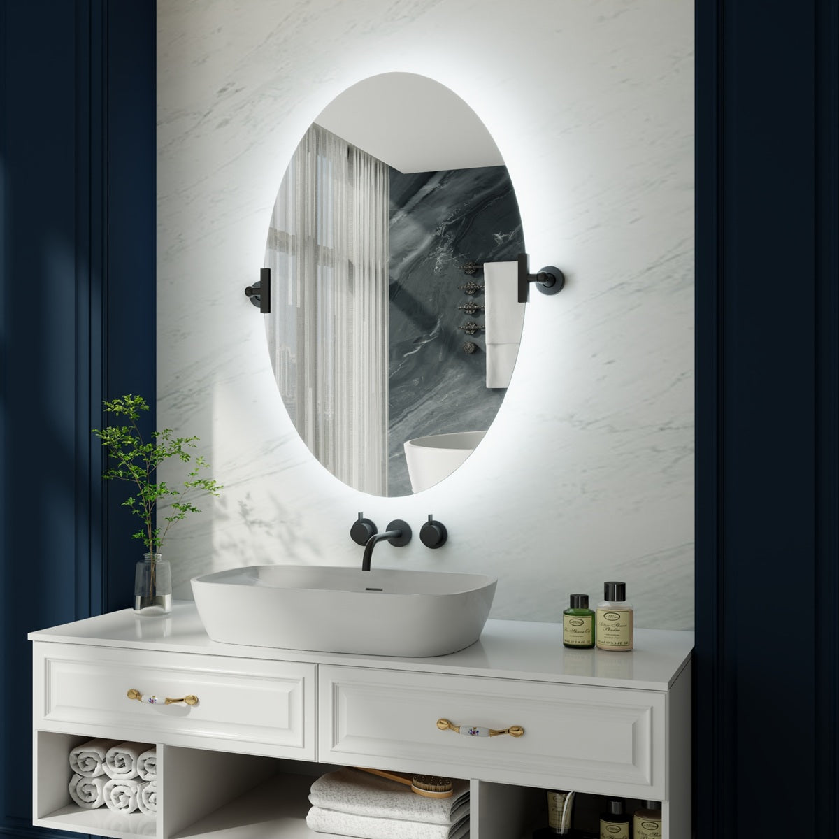 24"x 36" Navi-pro Frameless Oval 3-Color Backlit Pivoting LED Bathroom Mirror