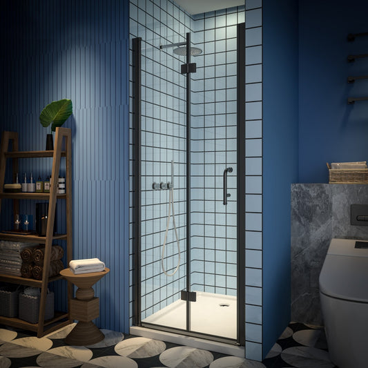 Exbrite Adapt Bifold Shower Door 30-32 in.W x 72 in.H Pivot Swing Shower Doors,Matte Black,Tempered Shower Glass