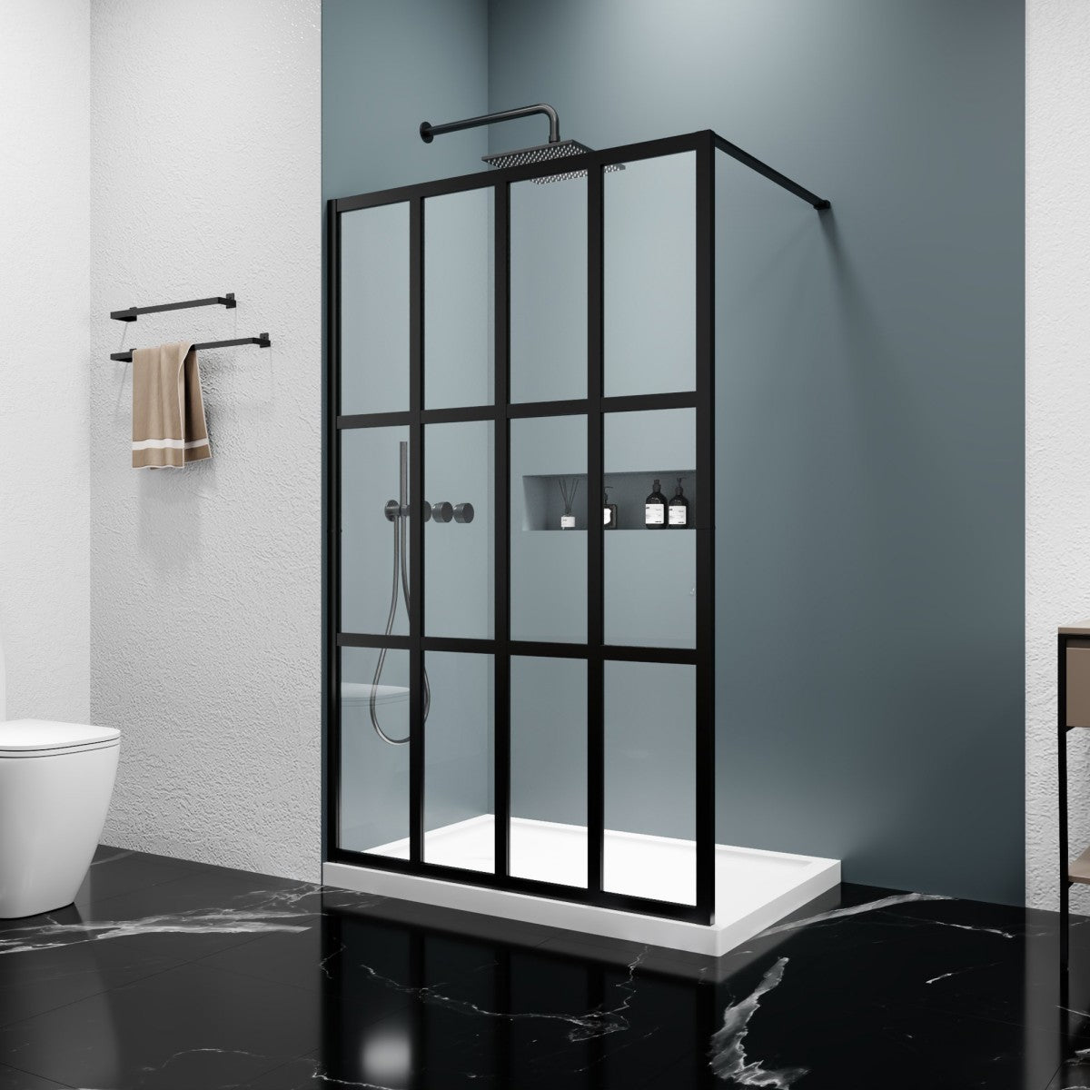 Atlas 46" X 72" Black Shower Door Clear Tempered Glass Framed Shower Screen Walk-in,Corner shower door - ExBriteUSA