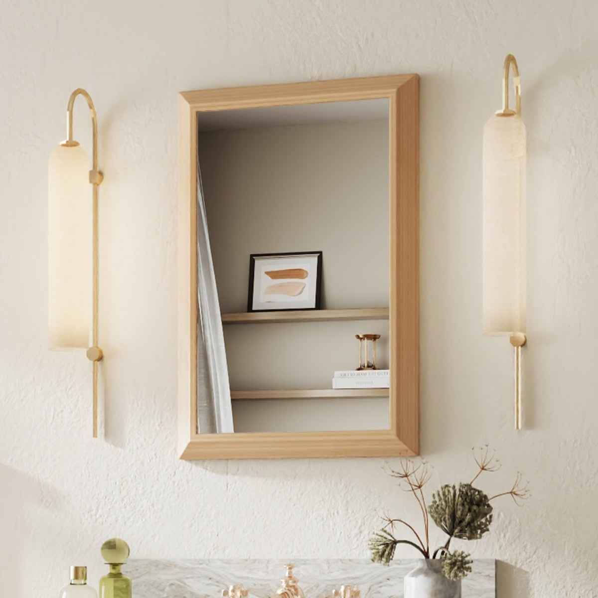 16" x 24" Modern, Elegant Rectangular Wall Mirror with Tempered Glass, Shatterproof, Rust-Resistant Light Wood Grain Aluminum Frame for Bathroom, Living Room & Hallway| Nolhurst