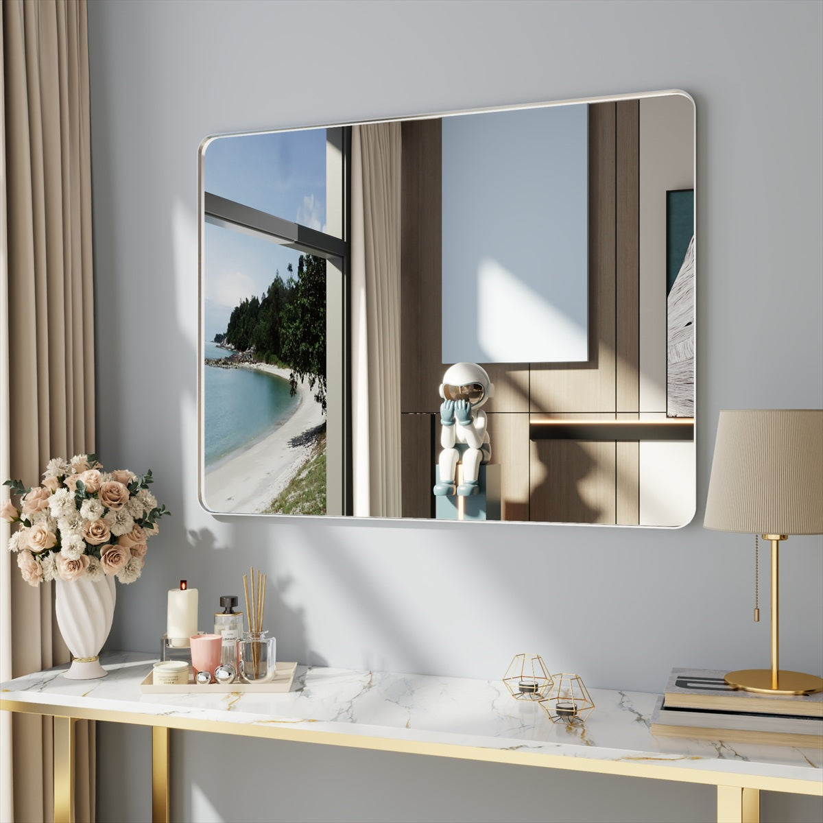 Noir 48" x 36" Silver Framed Rectangular Bathroom Mirror