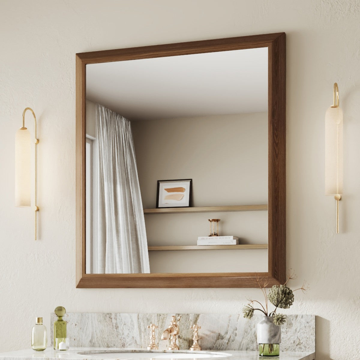 40" x 36" Dark Wood Grain Modern, Elegant Rectangular Wall Mirror with Tempered Glass, Shatterproof, Rust-Resistant Dark Wood Grain Aluminum Frame for Bathroom, Living Room & Hallway| Nolhurst