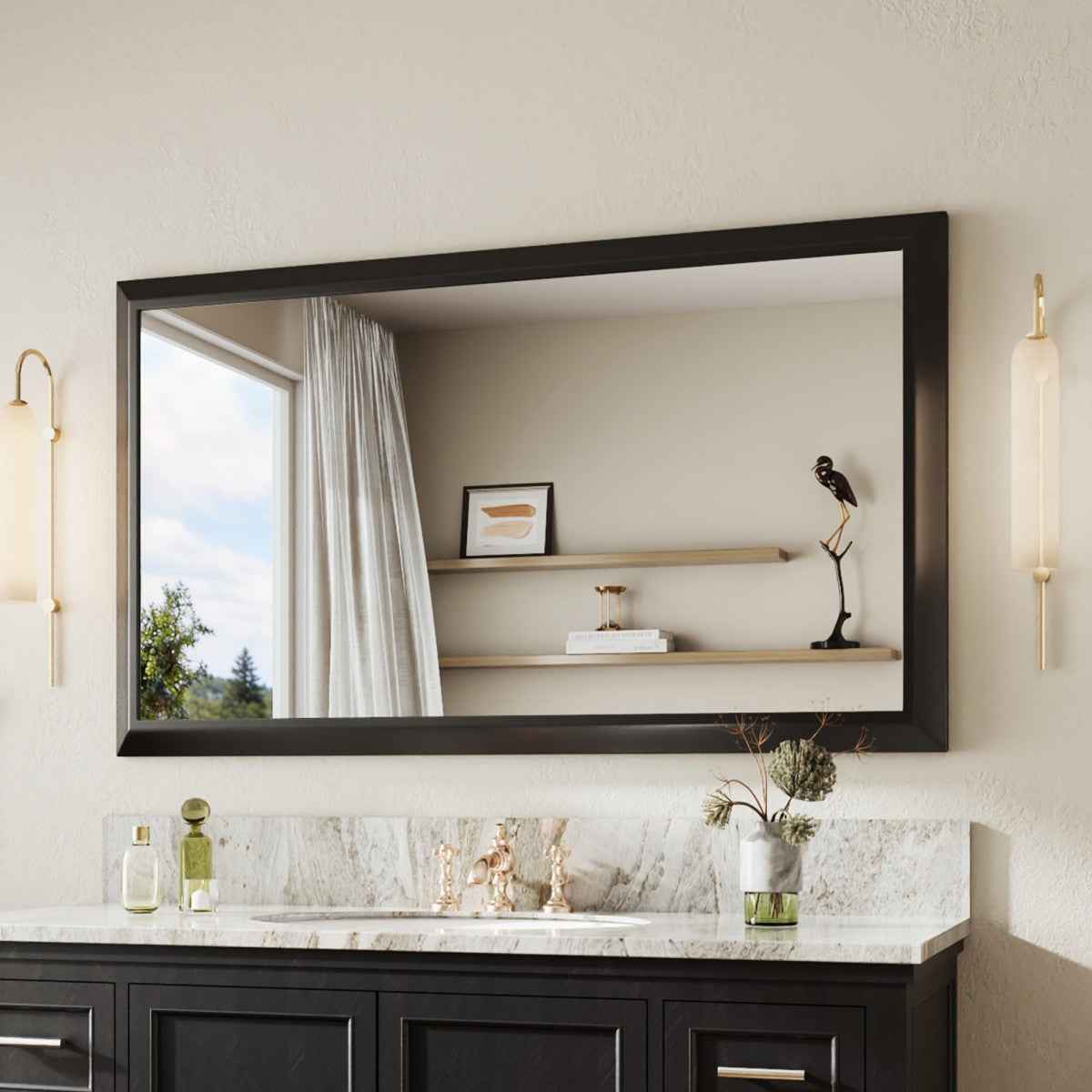 55" x 32" Modern, Elegant Rectangular Wall Mirror with Tempered Glass, Shatterproof, Rust-Resistant Wood Grain Aluminum Frame for Bathroom, Living Room & Hallway| Nolhurst