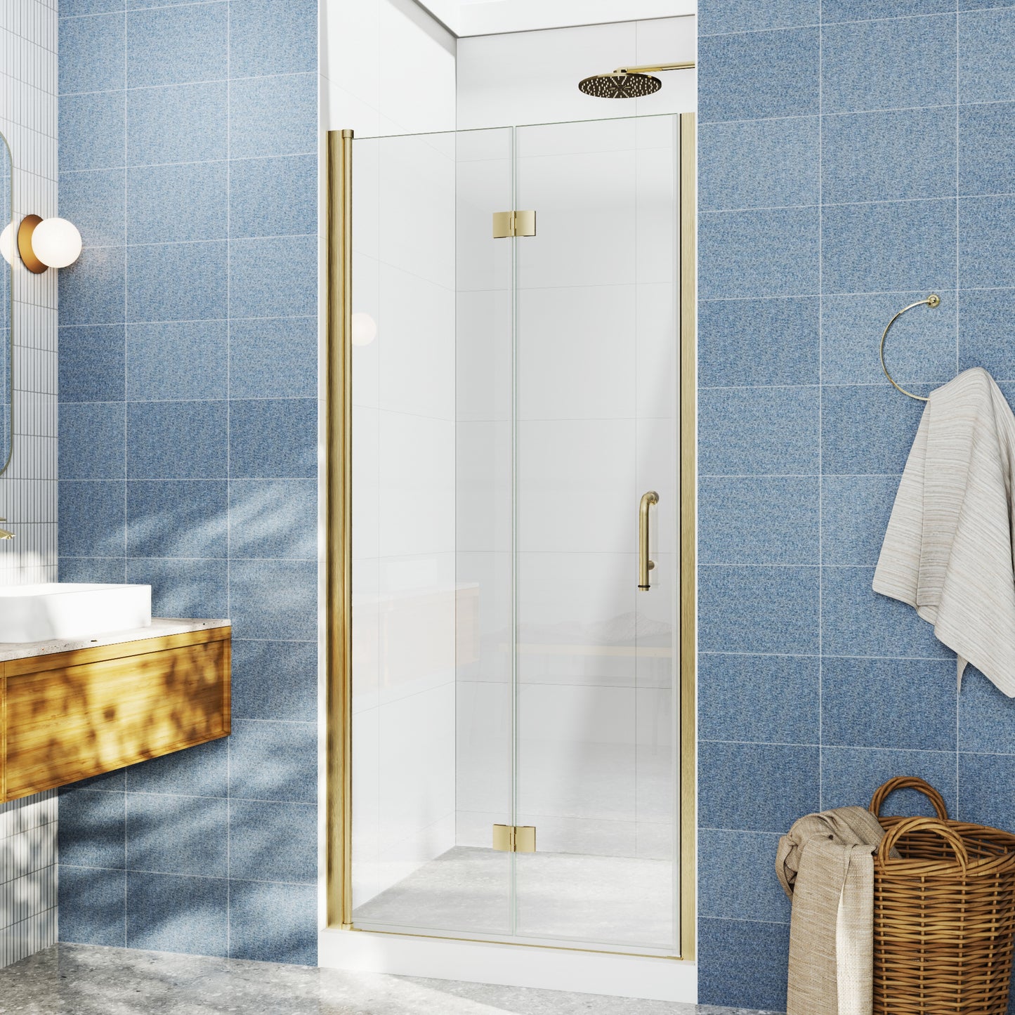 Adapt Allsumhome Bifold Shower Door 34-36 in.W x 72 in.H Pivot Swing Shower Doors,Brushed Gold,Clear Tempered Glass