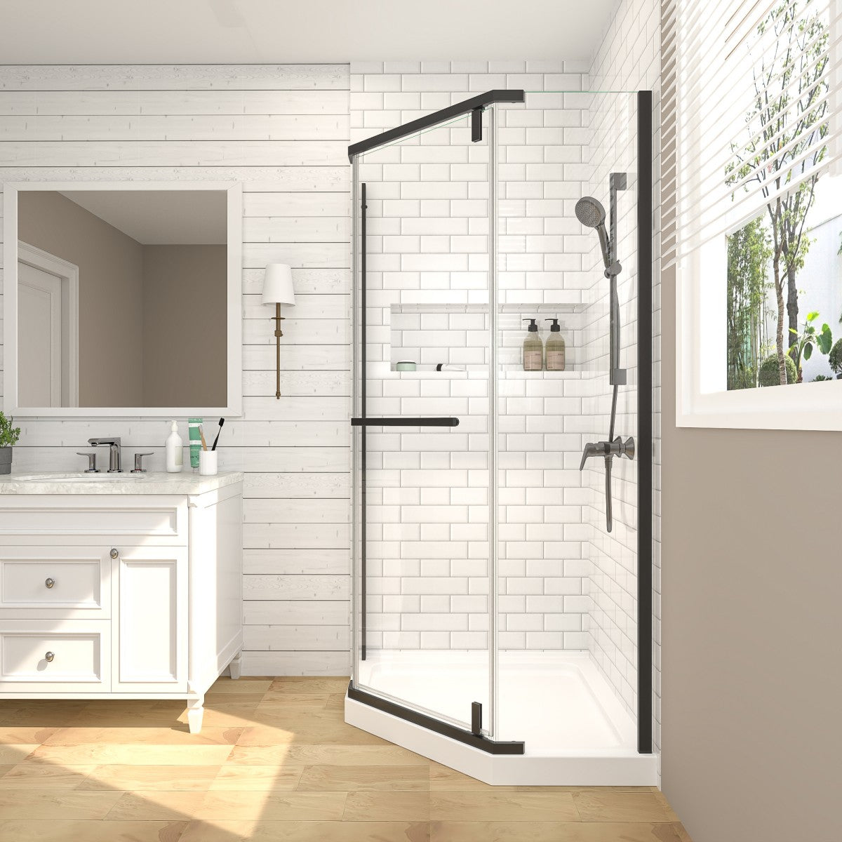 Prism Neo-Angle Frameless Shower Door 36 in. W x 72 in. H Corner Shower Enclosure with 6mm Clear Glass,Pivot Shower Doors,Matte Black