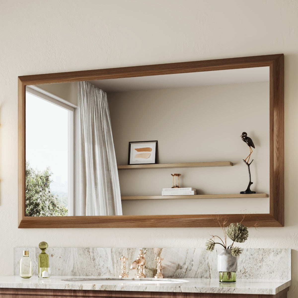 55" x 32" Dark Wood Grain Modern, Elegant Rectangular Wall Mirror with Tempered Glass, Shatterproof, Rust-Resistant Dark Wood Grain Aluminum Frame for Bathroom, Living Room & Hallway| Nolhurst