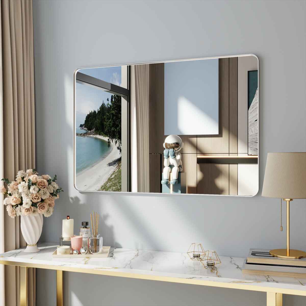 Noir 48" x 32" Silver Framed Rectangular Bathroom Mirror