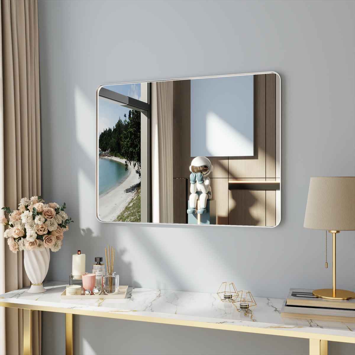 Noir 40" x 30" Silver Framed Rectangular Bathroom Mirror