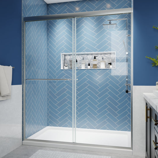 Glide Semi-Frameless Shower Door 56-60 in. W x 70 in. H Bypass Sliding Shower Enclosure,Brushed Nickel,Double Sliding Glass Bathroom Doors