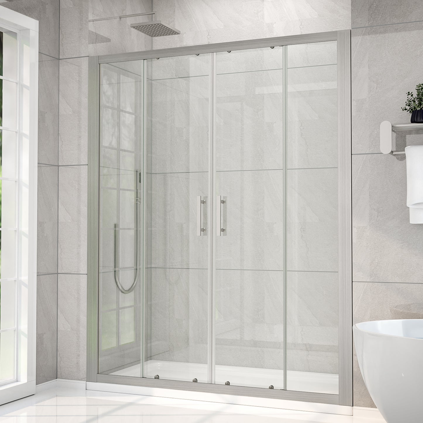 Modern shower enclosure in a bathroom with tiled walls and a window.