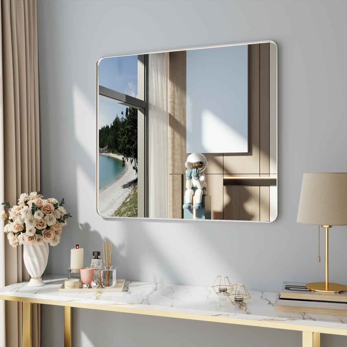 Noir 40" x 36" Silver Framed Rectangular Bathroom Mirror