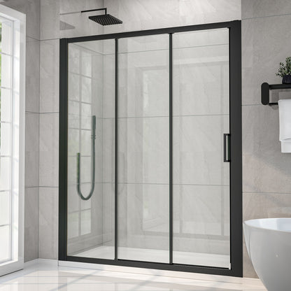 Modern shower enclosure with black frame in a bathroom setting