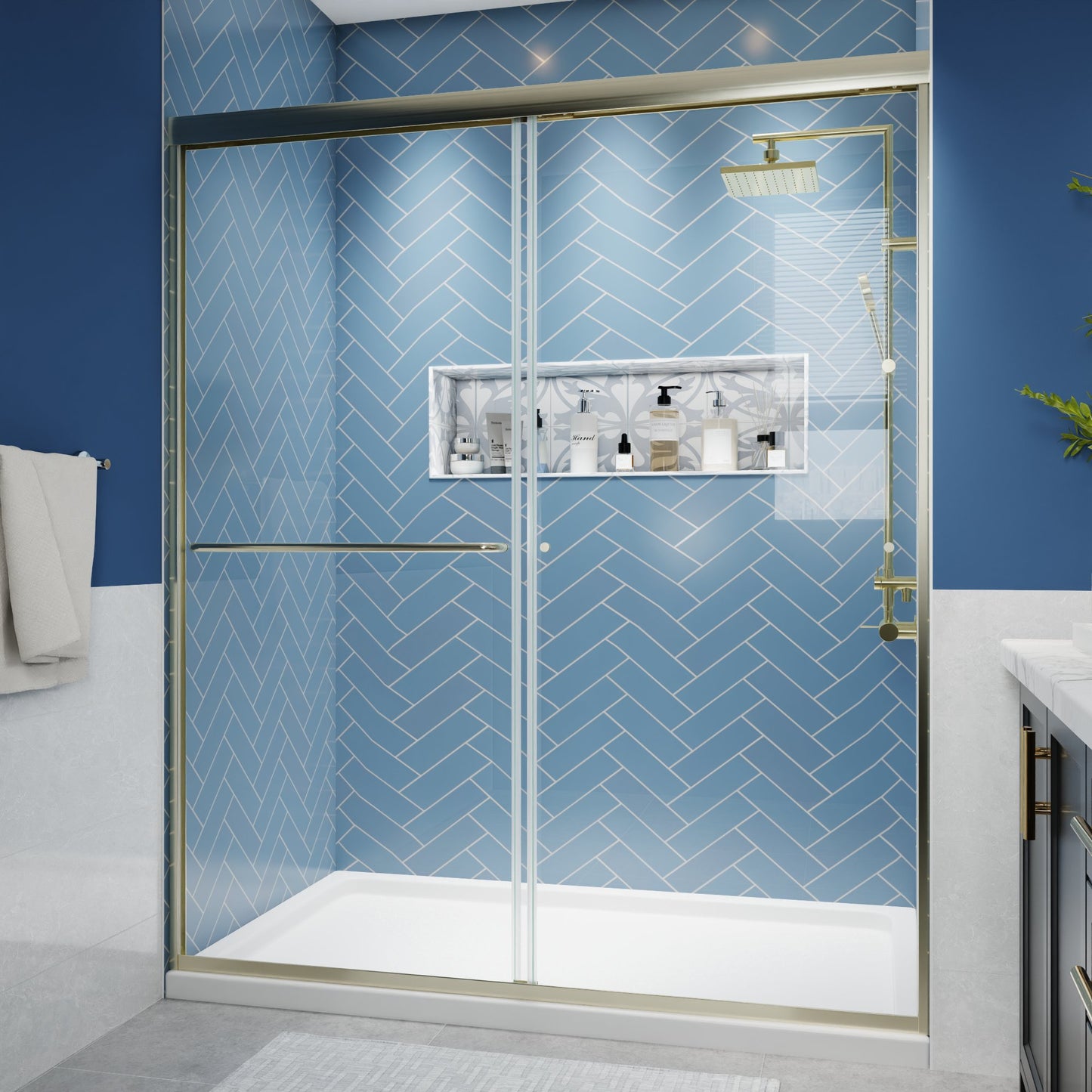 Glide Semi-Frameless Shower Door 56-60 in. W x 70 in. H Bypass Sliding Shower Enclosure,Brushed Gold,Double Sliding Glass Bathroom Doors