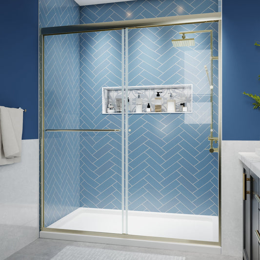 Glide Semi-Frameless Shower Door 56-60 in. W x 70 in. H Bypass Sliding Shower Enclosure,Brushed Gold,Double Sliding Glass Bathroom Doors