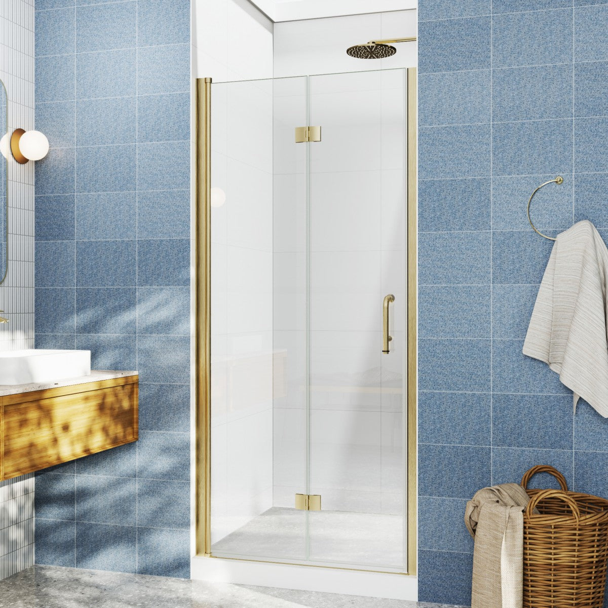 32 inch frameless glass shower door with gold finish