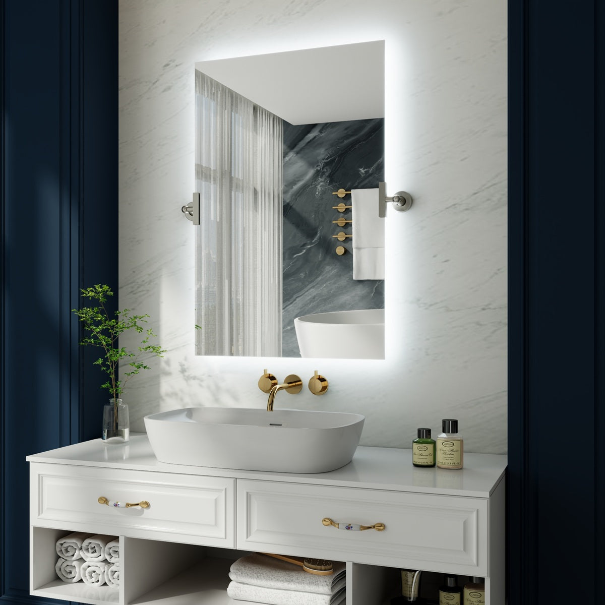 24"x 36" Navi-pro  Frameless Rectangular 3-Color Backlit Pivoting LED Bathroom Mirror