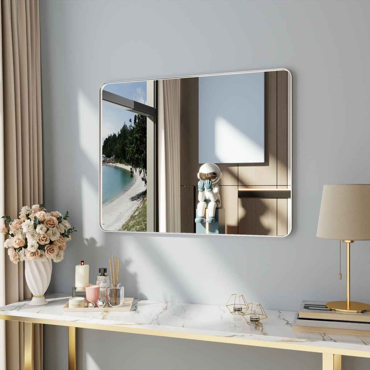 Noir 40" x 32" Silver Framed Rectangular Bathroom Mirror