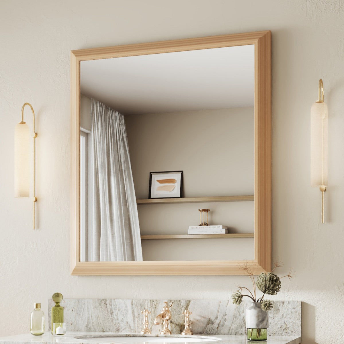 40" x 36" Light Wood Grain Modern, Elegant Rectangular Wall Mirror with Tempered Glass, Shatterproof, Rust-Resistant Light Wood Grain Aluminum Frame for Bathroom, Living Room & Hallway| Nolhurst