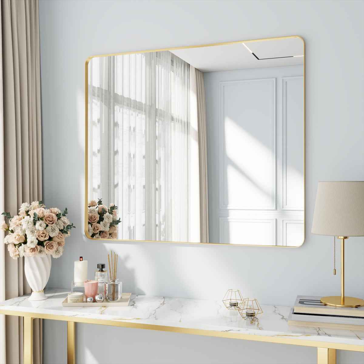 Noir 48" x 40" Gold Framed Rectangular Bathroom Mirror