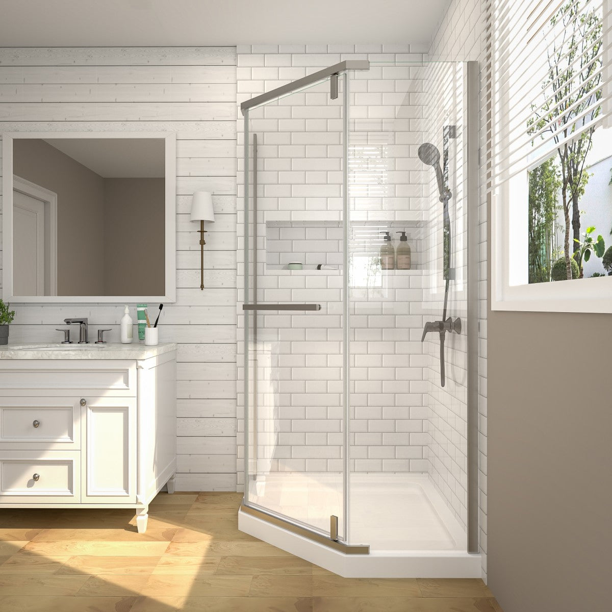 Prism Neo-Angle Frameless Shower Door 38 in. W x 72 in. H Corner Shower Enclosure with 6mm Clear Glass,Pivot Shower Doors,Brushed Nickel