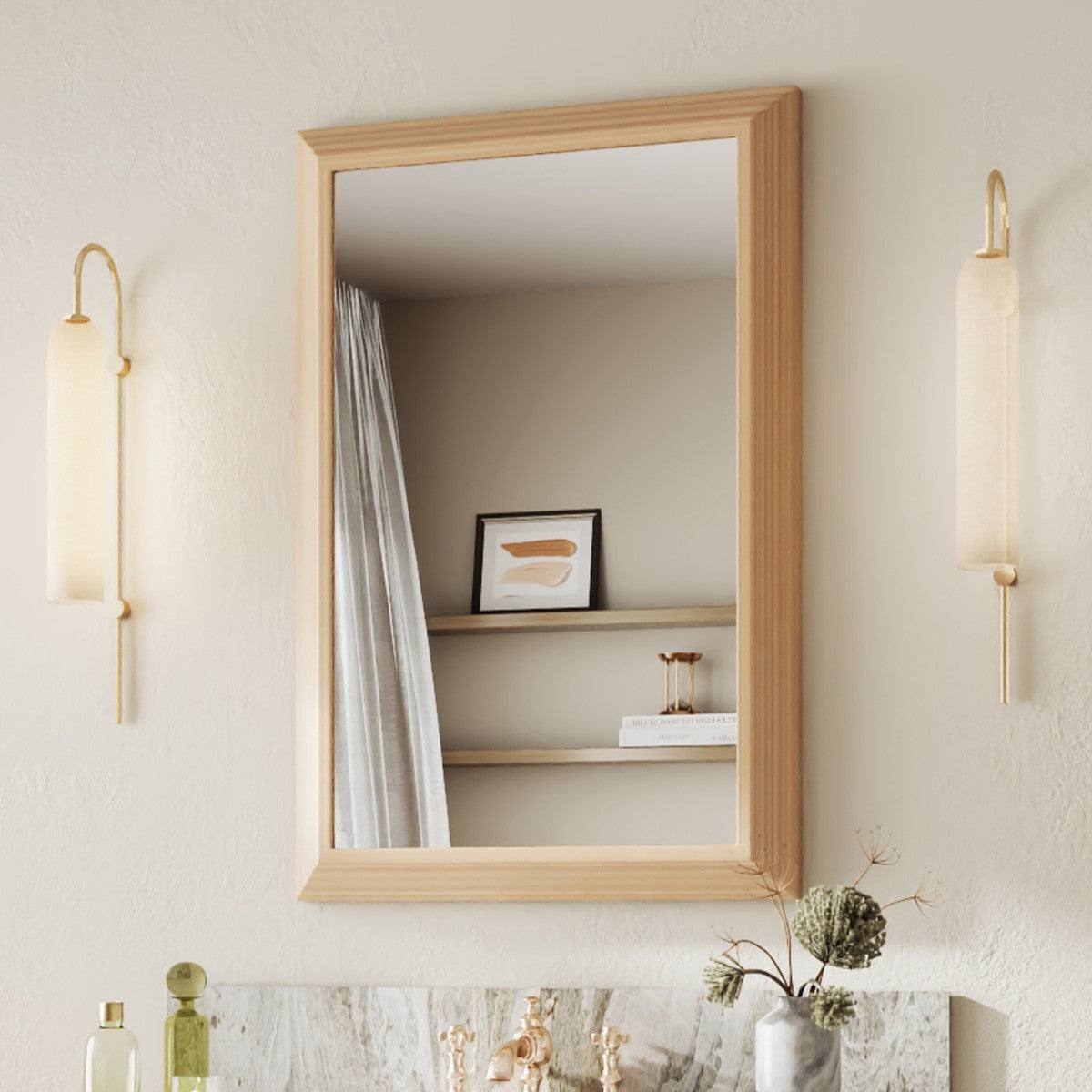 24" x 36" Modern Light Wood Grain Mirror on the Wall with Shatterproof Tempered Glass for Bathroom, Living Room & Hallway | Nolhurst