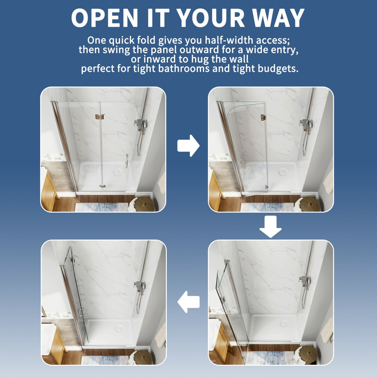 Adapt-E 34 in.W x 72 in.H Bifold Frameless Folding Glass Shower Doors,Chrome Finish,Pivot Swing Shower Doors,1/4 in.Fold Clear Glass