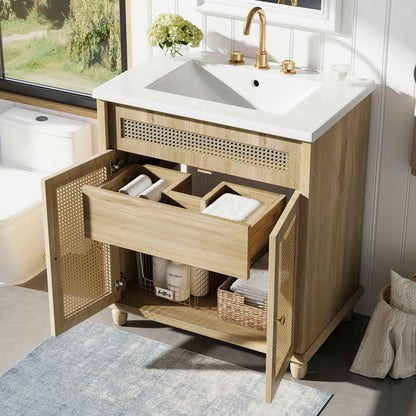 ExBrite 30" Bathroom Vanity with Resin Sink, Solid Wood Legs & Handwoven Rattan Doors for Modern Bathroom Storage