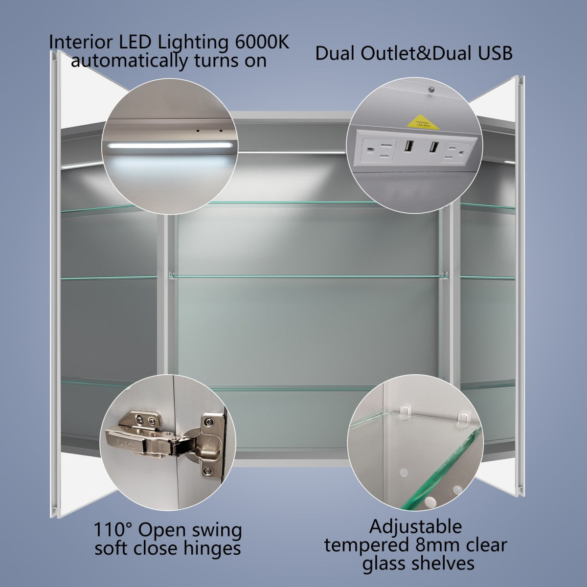 Boost-M2 30" W x 36" H Bathroom Light Medicine Cabinets Recessed or Surface Defogger, Dimmer, Outlets & USB