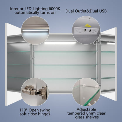 Boost-M2 36" W x 32" H Bathroom Light Medicine Cabinets Recessed or Surface Defogger, Dimmer, Outlets & USB